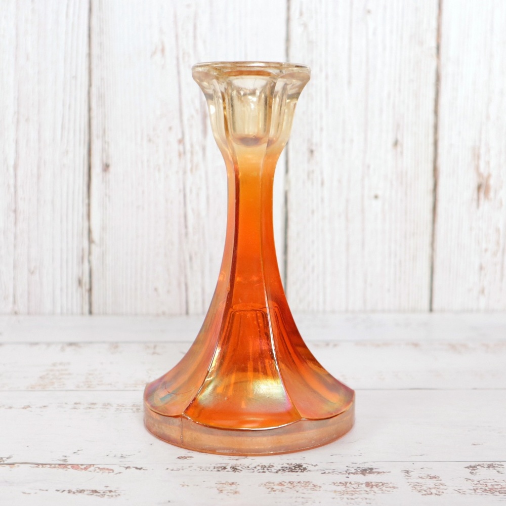 Vintage Carnival Glass Candlestick Candle Holder Iridescent Peach Orange Decor